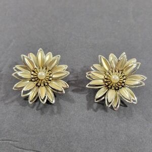 Vintage Large Floral Clip On Earrings 3D Gold Tone Faux Pearl 2" Fairy Garden